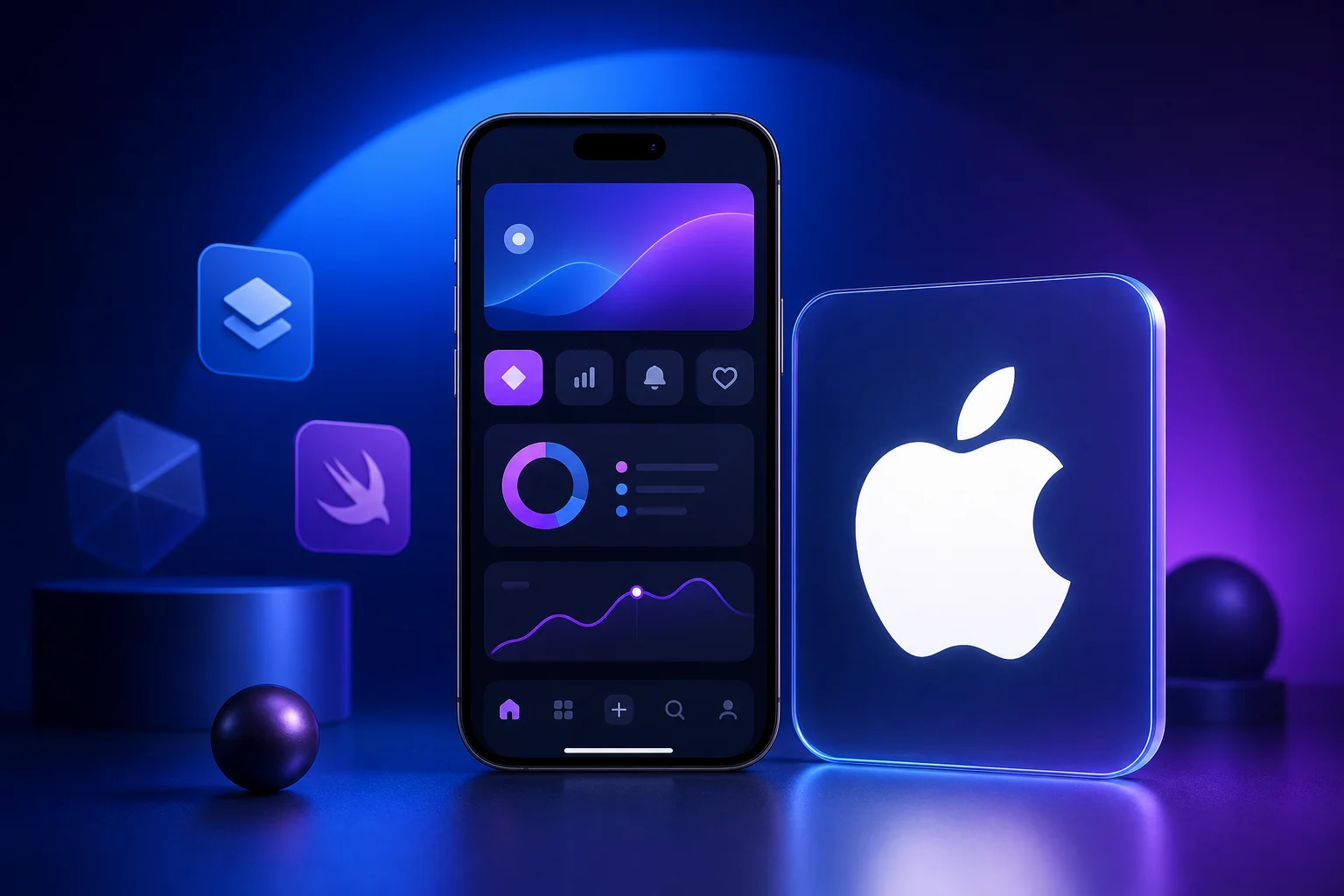 تطبيقات iOS مع شعار Apple واضح وسمة Digilyo الزرقاء والبنفسجية